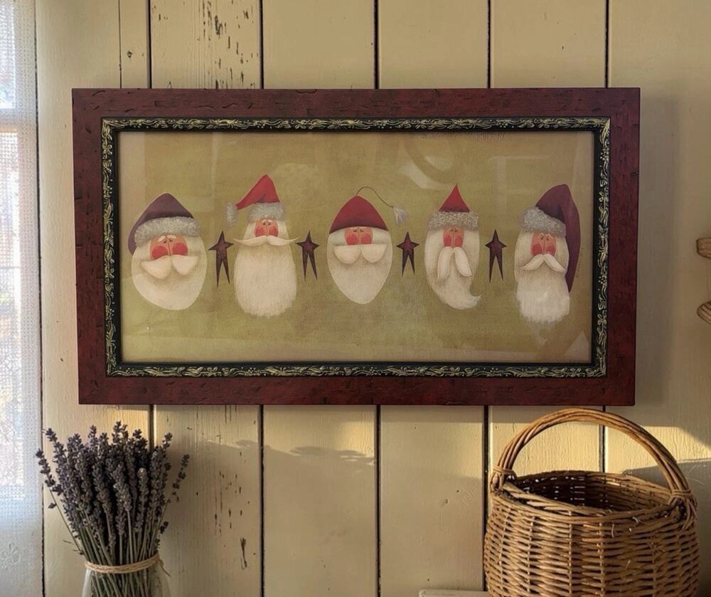 Fiddlestix Santa Primitive Folk Art Print Country Decor Stars & Santa’s 23”x13”